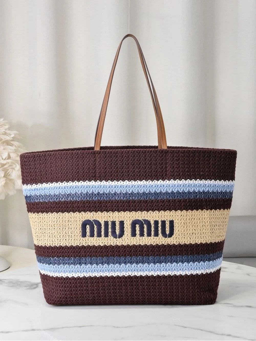 Miu Miu Brown, Cream & Light Blue Striped Knit Tote with Leather Handles
